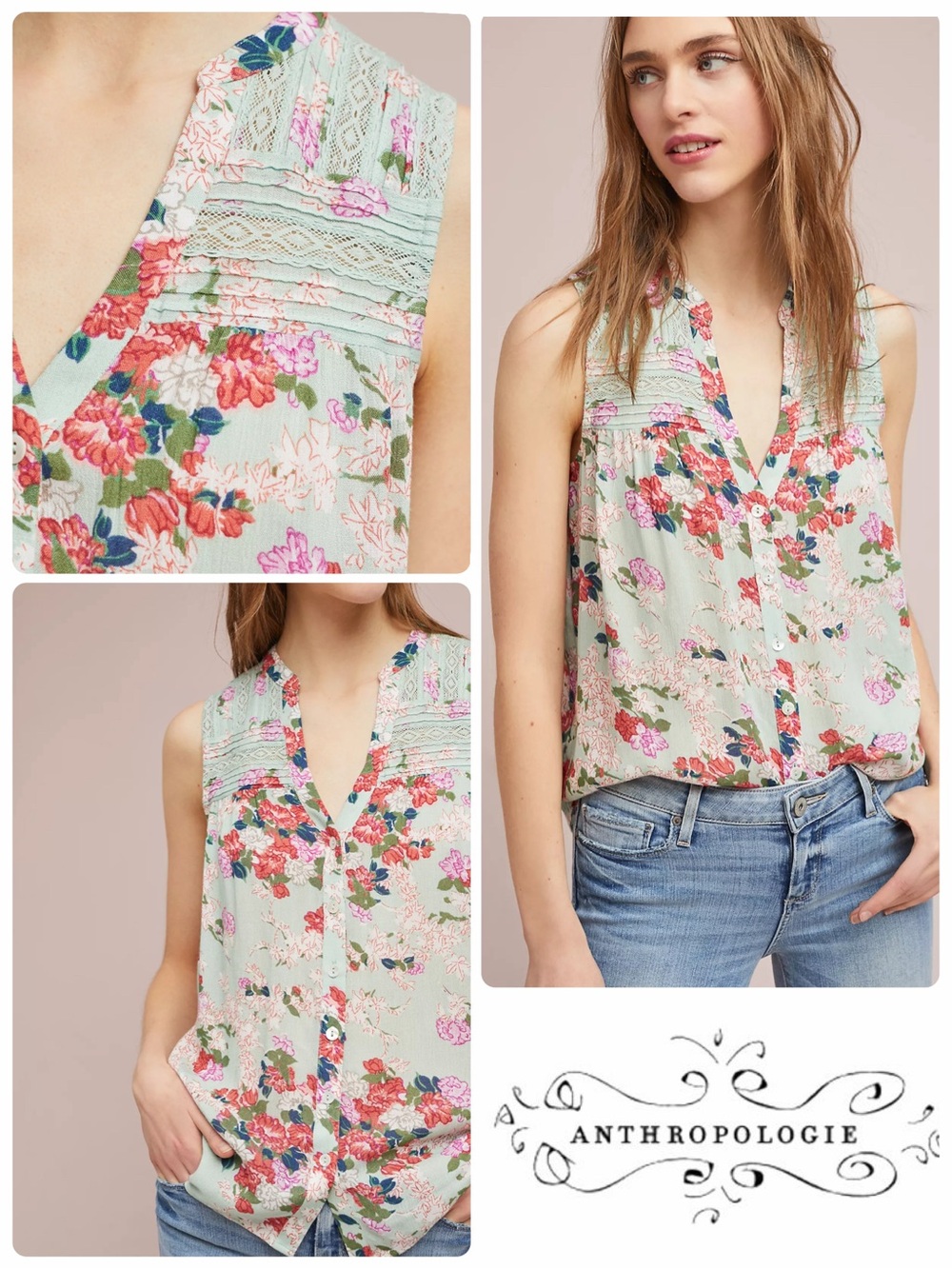 Meadow Rue for Anthropologie Floral Pintuck Sleeveless V-Neck Top Size 0 NWT